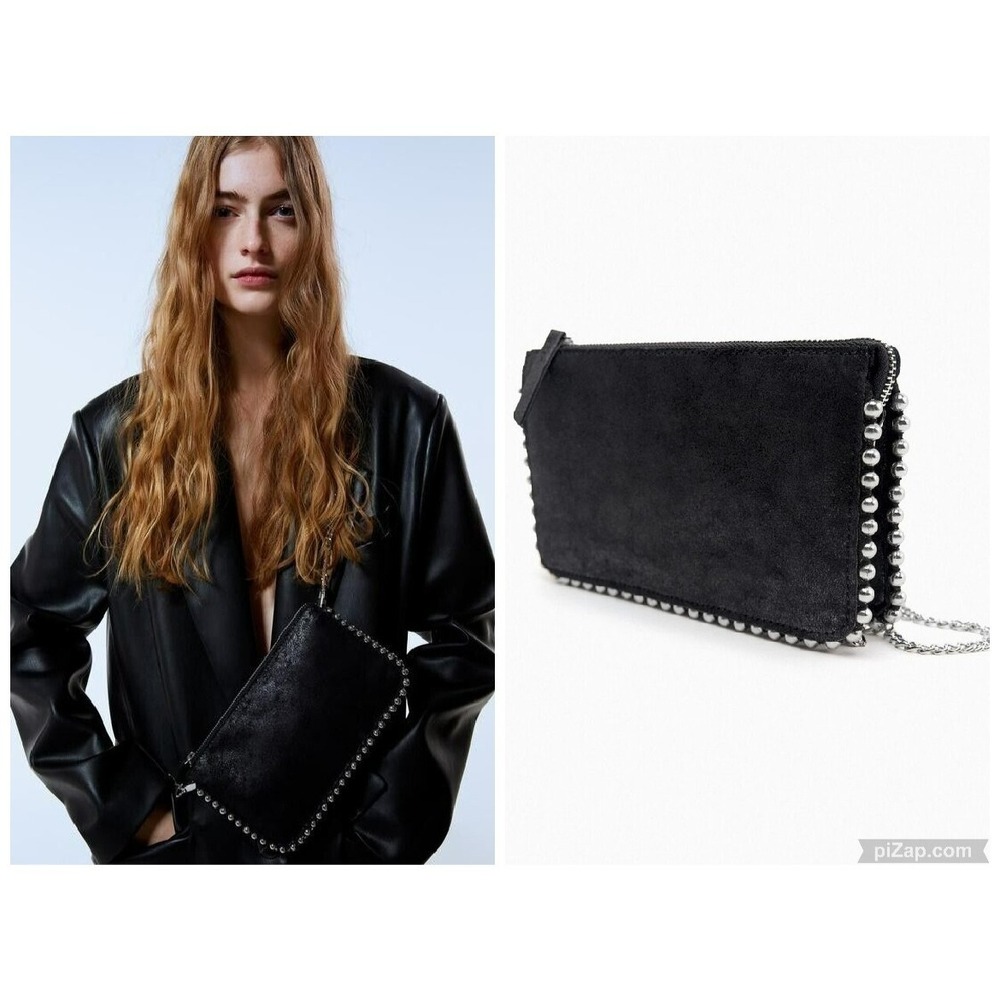 ZARA SS20 STUDDED STUDS BLACK CLUTCH BAG CHAIN CROSS BODY ZAMAK‎ WALLET 8085/204